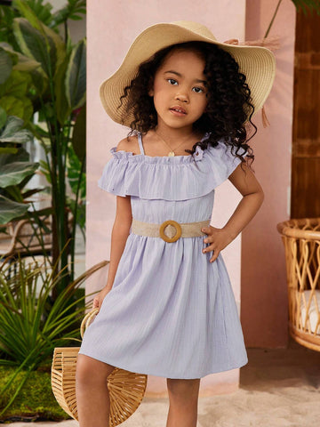Toddler Girls' Sweet & Lovely Rhinestone Decor Lotus Leaf Edge Dress With Belt For Spring And Summer