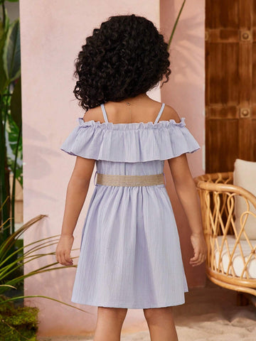 Toddler Girls' Sweet & Lovely Rhinestone Decor Lotus Leaf Edge Dress With Belt For Spring And Summer