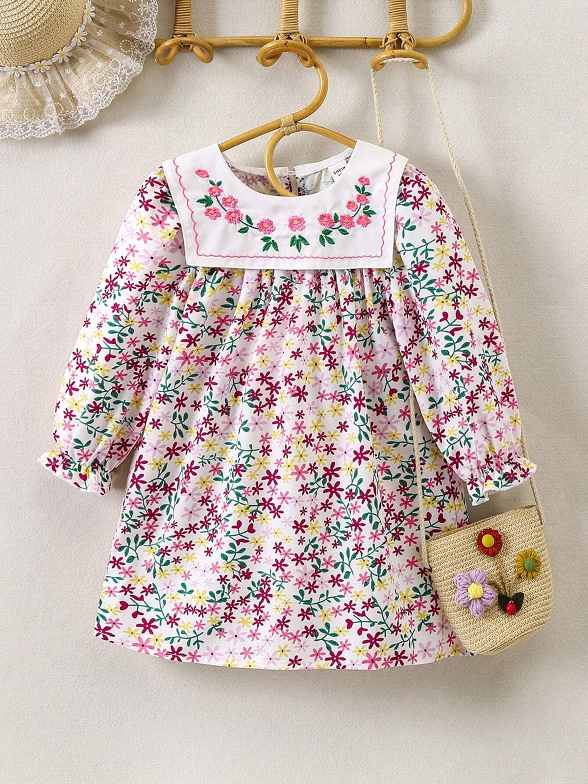 Toddler Girls" Vacation Romantic Vintage Square Neck Loose Fit Floral Print Dress For Spring/Summer