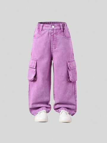 Toddler Girls' Vintage Street Style Straight Leg Denim Cargo Pants