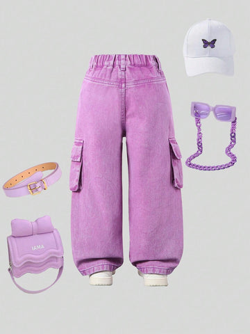 Toddler Girls' Vintage Street Style Straight Leg Denim Cargo Pants