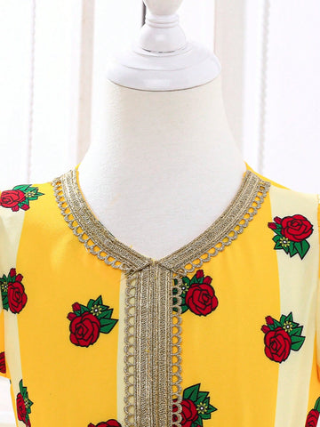 Toddler Girls' Warm Mini V-Neck Rose Floral Dress For Home, Party, Summer