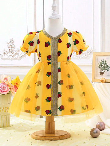 Toddler Girls' Warm Mini V-Neck Rose Floral Dress For Home, Party, Summer