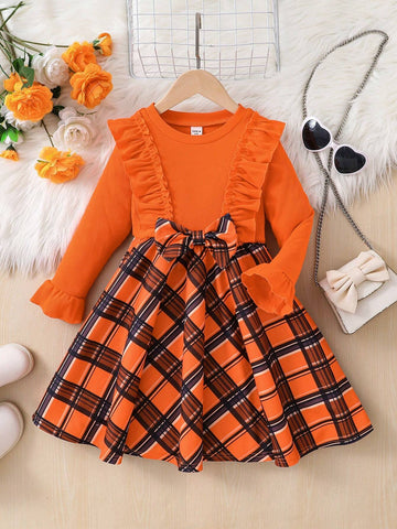 Toddler Girls & Girls Thanksgiving Plaid Print Patchwork Knitted Casual Dress