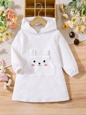 Toddler Girls & Young Girls Textured Ear Decor Embroidered Hoodie Knit Dress, Cute For Casual Everyday Wear