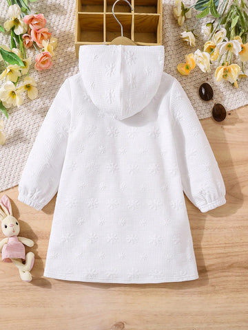 Toddler Girls & Young Girls Textured Ear Decor Embroidered Hoodie Knit Dress, Cute For Casual Everyday Wear