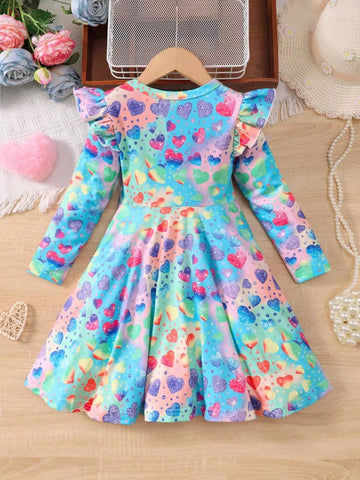 Toddler Girlsl Casual Cute Heart Print Cap Sleeve Dress Spring/Fall