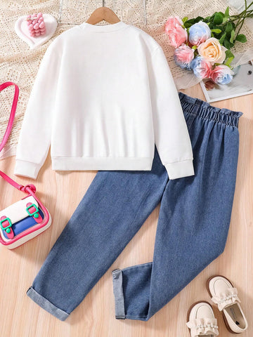 Toddler Heart Print Warm Sweatshirt And Denim Pants Set