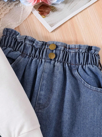Toddler Heart Print Warm Sweatshirt And Denim Pants Set
