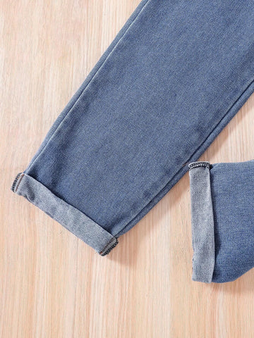 Toddler Heart Print Warm Sweatshirt And Denim Pants Set