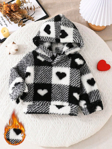 Toddler Hooded Pullover Warm Fuzzy Sweatshirt, Unisex Checkered Heart Pattern Thick Tops