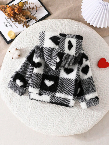 Toddler Hooded Pullover Warm Fuzzy Sweatshirt, Unisex Checkered Heart Pattern Thick Tops