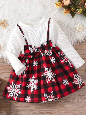 Toddler Kid Girls Ribbed Splicing Plaid Print Casual Long Sleeve Dress Christmas Style For Spring And Autumn