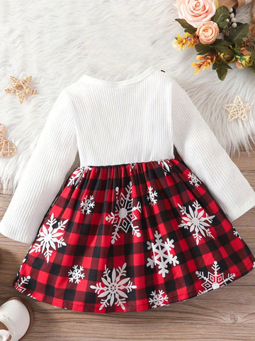 Toddler Kid Girls Ribbed Splicing Plaid Print Casual Long Sleeve Dress Christmas Style For Spring And Autumn