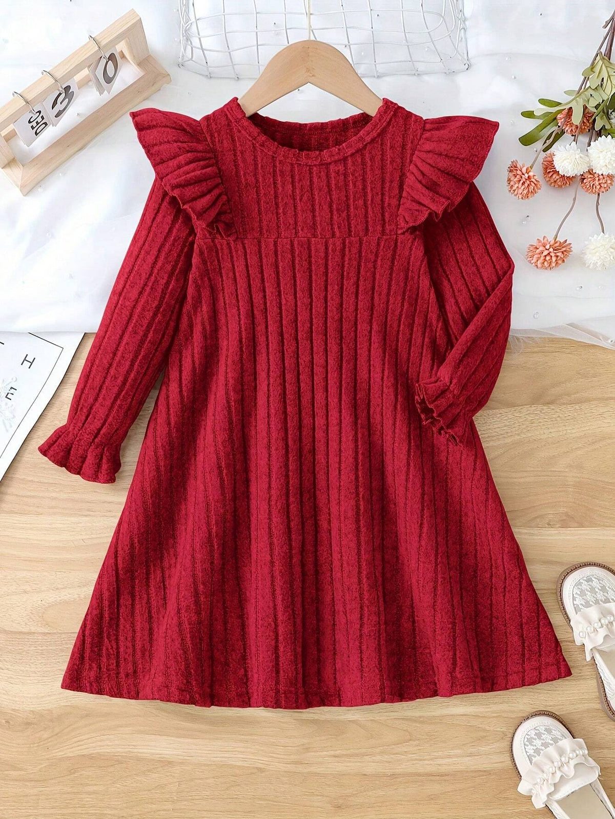 Toddler Ruffle Long Sleeve Knitted Dress - Polyester Blend Slight Stretch Solid Color With Lettuce Trim Detail For Spring/Fall Season