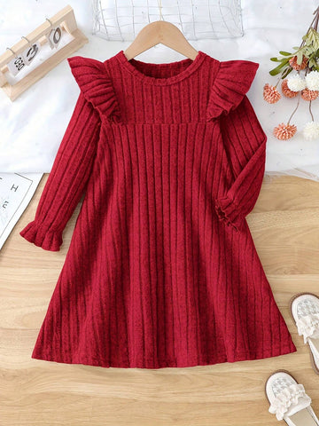 Toddler Ruffle Long Sleeve Knitted Dress - Polyester Blend Slight Stretch Solid Color With Lettuce Trim Detail For Spring/Fall Season