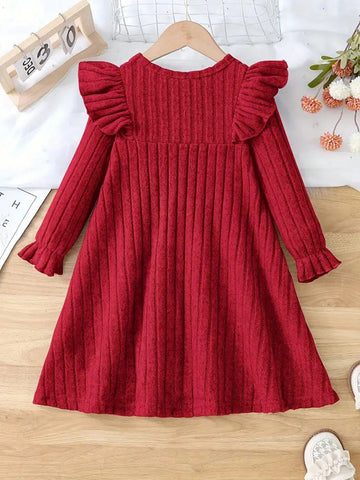 Toddler Ruffle Long Sleeve Knitted Dress - Polyester Blend Slight Stretch Solid Color With Lettuce Trim Detail For Spring/Fall Season
