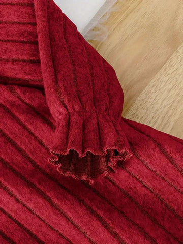Toddler Ruffle Long Sleeve Knitted Dress - Polyester Blend Slight Stretch Solid Color With Lettuce Trim Detail For Spring/Fall Season