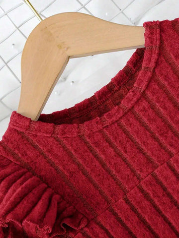 Toddler Ruffle Long Sleeve Knitted Dress - Polyester Blend Slight Stretch Solid Color With Lettuce Trim Detail For Spring/Fall Season