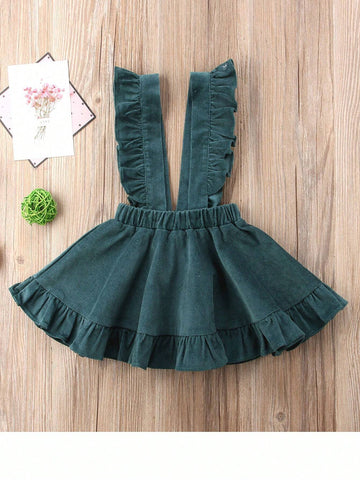 Toddler Young Girl Corduroy Dress Sleeveless Suspender Ruffle Skirt