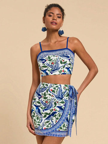 Travachic 2pcs/Set Women Plant Print Cropped Camisole And Tie Waist Mini Skirt Holiday Set