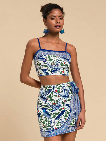 Travachic 2pcs/Set Women Plant Print Cropped Camisole And Tie Waist Mini Skirt Holiday Set