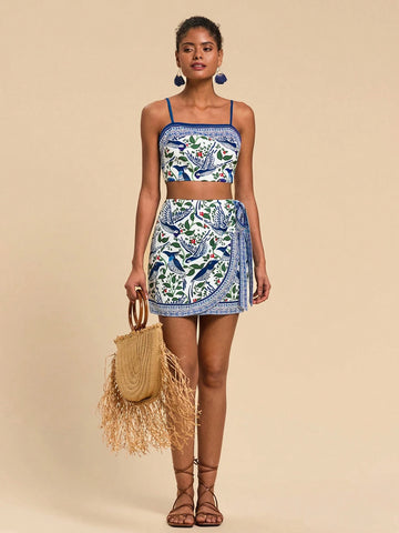 Travachic 2pcs/Set Women Plant Print Cropped Camisole And Tie Waist Mini Skirt Holiday Set