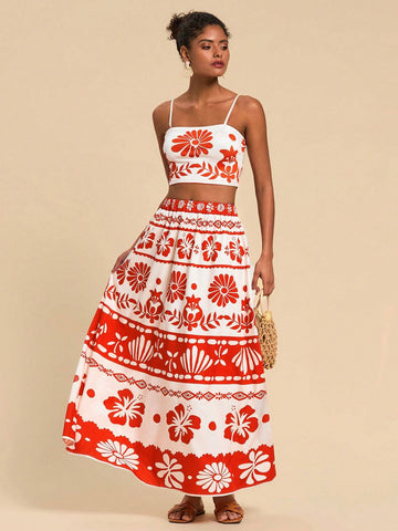 Travachic 2pcs Women Set: Printed Crop Camisole & Mini Skirt