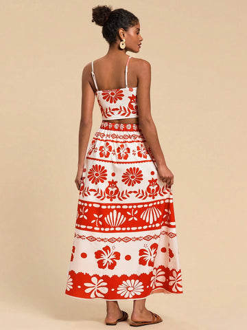 Travachic 2pcs Women Set: Printed Crop Camisole & Mini Skirt