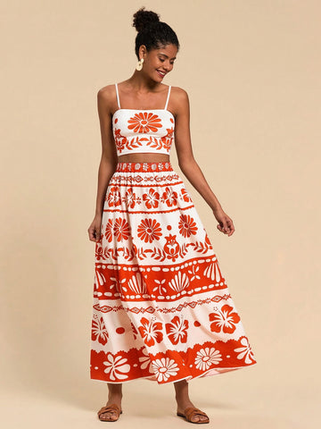 Travachic 2pcs Women Set: Printed Crop Camisole & Mini Skirt