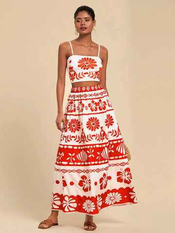 Travachic 2pcs Women Set: Printed Crop Camisole & Mini Skirt