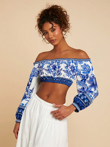 Off Shoulder Lantern Sleeve Printed Fitted Short Women Shirt