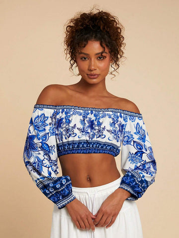 Off Shoulder Lantern Sleeve Printed Fitted Short Women Shirt