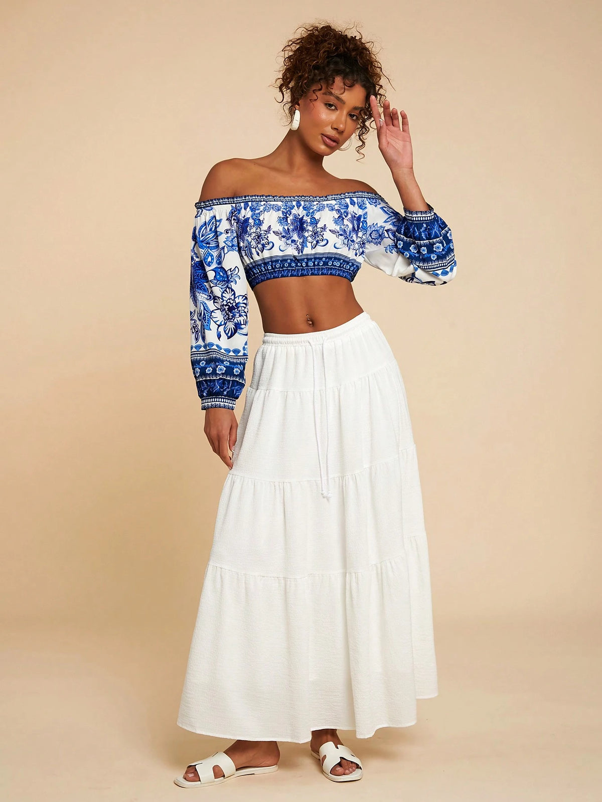 Off Shoulder Lantern Sleeve Printed Fitted Short Women Shirt