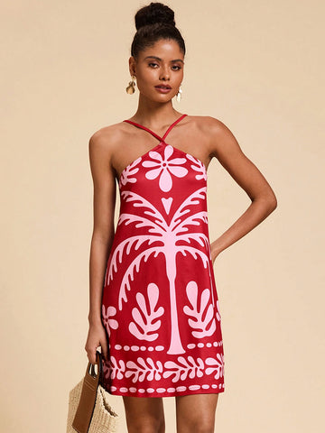 Travachic Palm Tree Print Off-Shoulder Knitted Mini Dress For Women