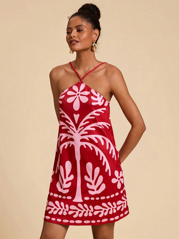 Travachic Palm Tree Print Off-Shoulder Knitted Mini Dress For Women