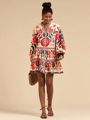 Travachic Printed Loose Smock Dress, Long Sleeve