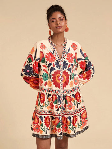 Travachic Printed Loose Smock Dress, Long Sleeve