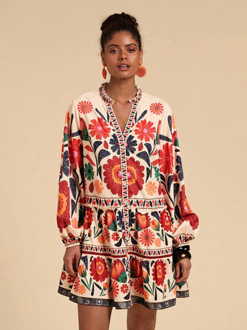 Travachic Printed Loose Smock Dress, Long Sleeve