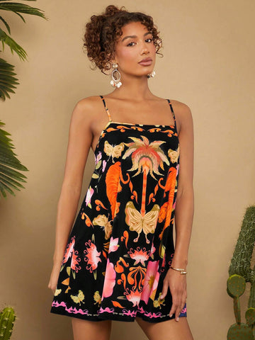 Travachic Retro Pattern Spaghetti Strap A-Line Dress For Women, Summer