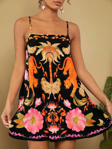 Travachic Retro Pattern Spaghetti Strap A-Line Dress For Women, Summer