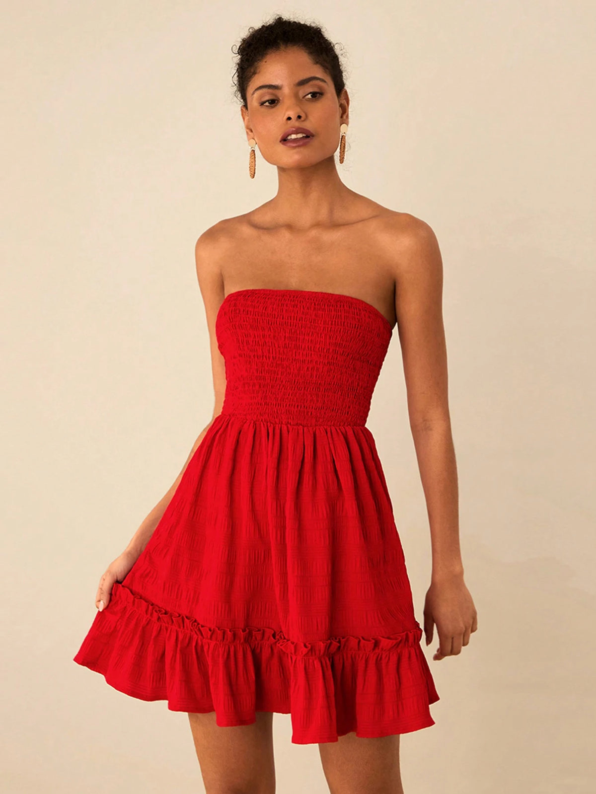 Travachic Solid Color Woven Ruffle Hem Women Mini Dress