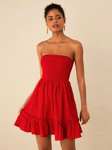 Travachic Solid Color Woven Ruffle Hem Women Mini Dress