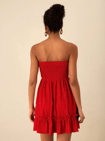 Travachic Solid Color Woven Ruffle Hem Women Mini Dress