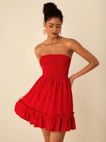 Travachic Solid Color Woven Ruffle Hem Women Mini Dress