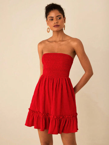 Travachic Solid Color Woven Ruffle Hem Women Mini Dress