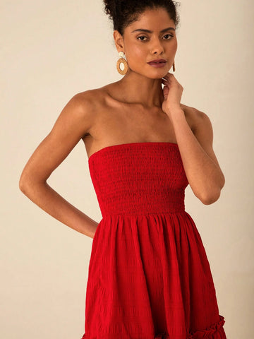 Travachic Solid Color Woven Ruffle Hem Women Mini Dress