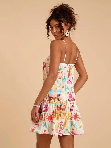 Travachic Spring/Summer Vacation Chiffon Ruffle Trim Spaghetti Strap Printed Mini Dress For Women