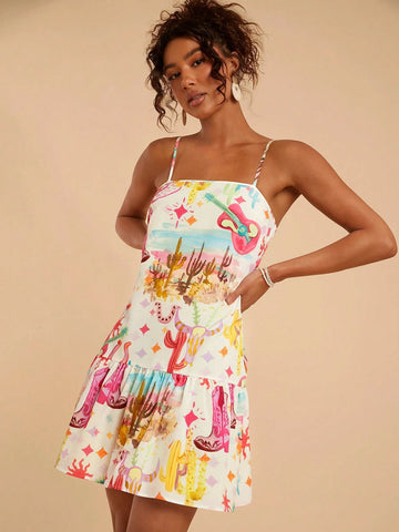 Travachic Spring/Summer Vacation Chiffon Ruffle Trim Spaghetti Strap Printed Mini Dress For Women