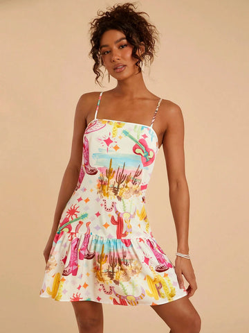 Travachic Spring/Summer Vacation Chiffon Ruffle Trim Spaghetti Strap Printed Mini Dress For Women